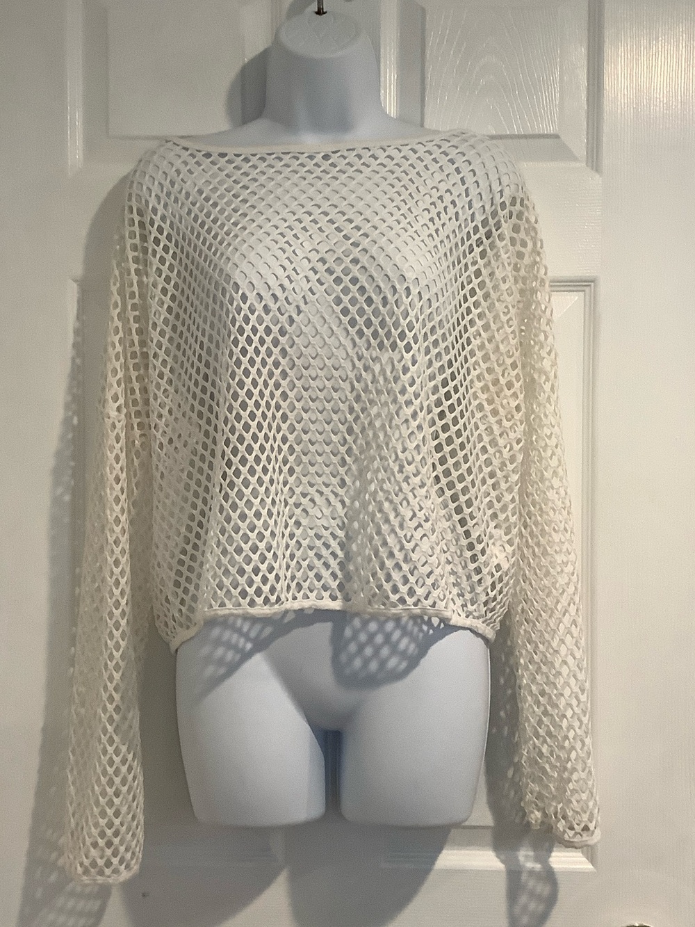 FREE KISSES White Mesh Boat Neck Oversized See Through Long Sleeve Summer Top L